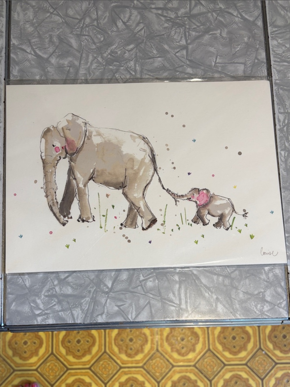 Elephant Mama and Baby Watercolor Print - Neutral Tones with Pink Accents